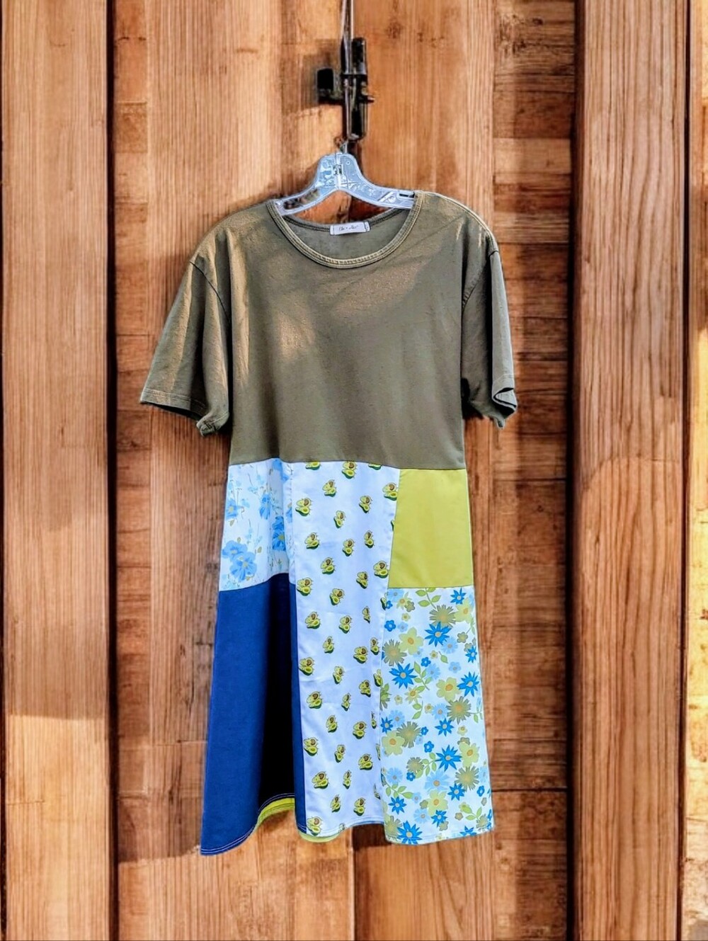 Upcycled Avocado Floral Patchwork Tee Dress L XL
